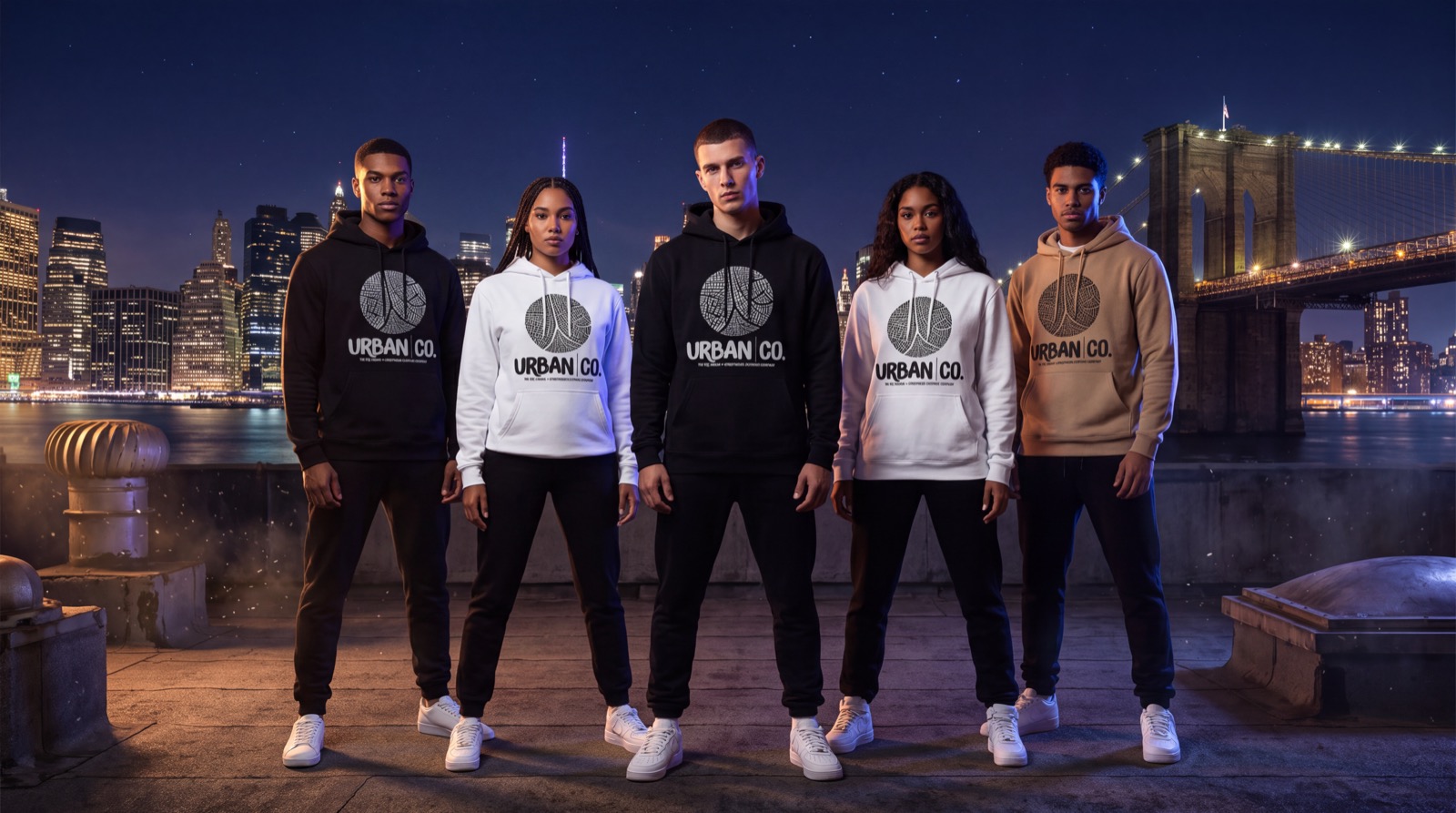 Five people wearing Urban Co. hoodies on the Brooklyn Bridge at night