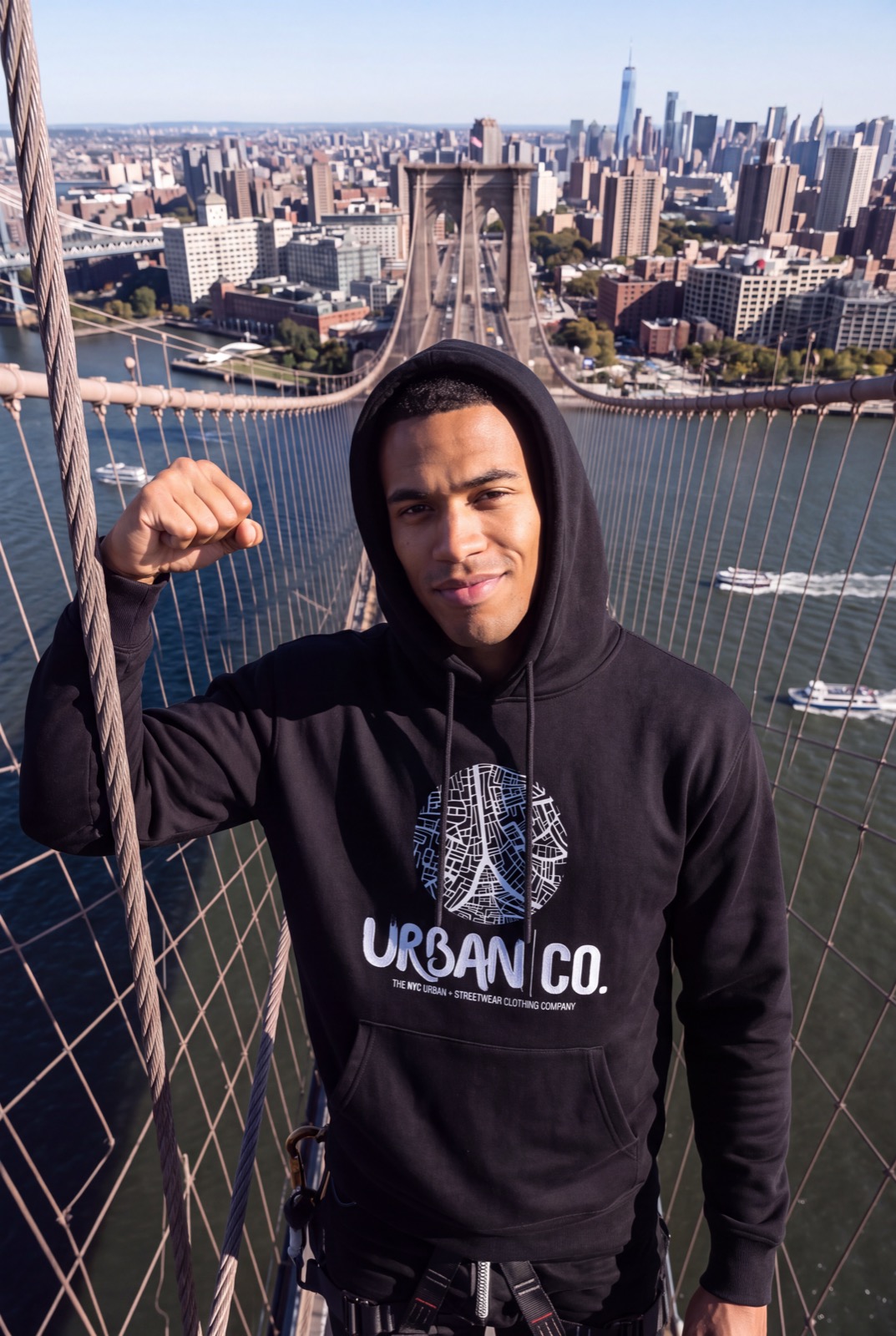Man wearing an Urban Co. black hoodie on the Brooklyn Bridge
