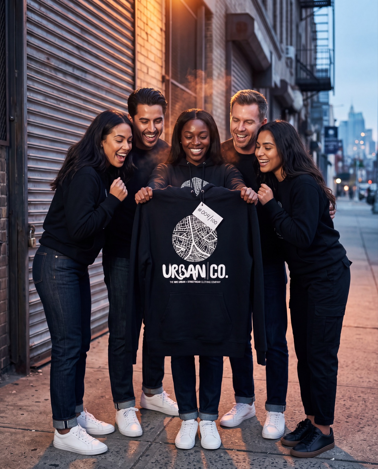 Group of friends laughing while holding up an Urban Co. black hoodie on a NYC sidewalk
