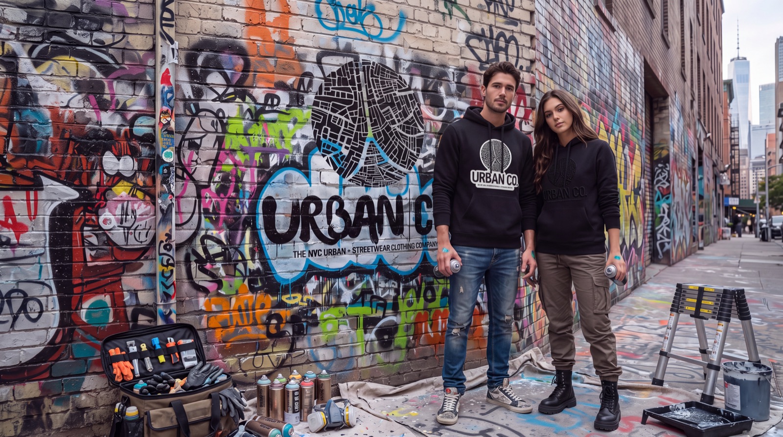 Close-up of two people in Urban Co. black hoodies in front of a graffiti mural