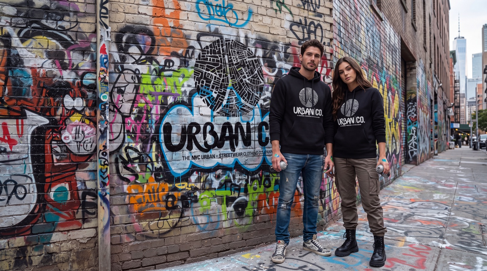 Two people in Urban Co. black hoodies standing in front of a graffiti mural