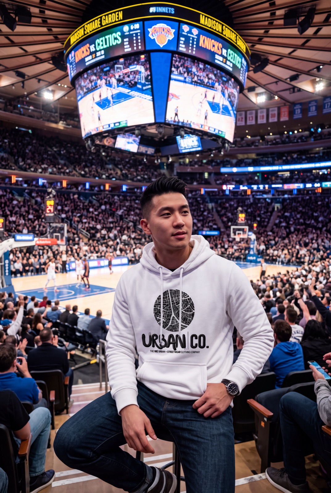 Man wearing an Urban Co. white hoodie at a Knicks game, Madison Square Garden