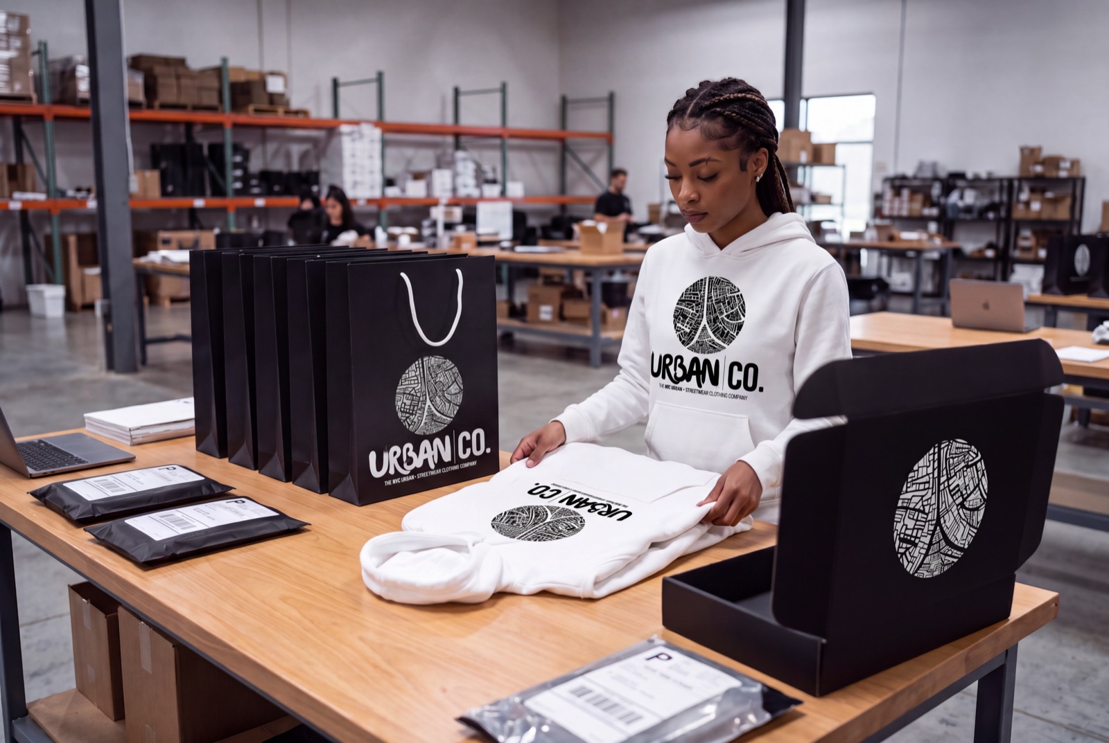 Worker folding an Urban Co. white hoodie next to packed branded shopping bags in a fulfillment warehouse