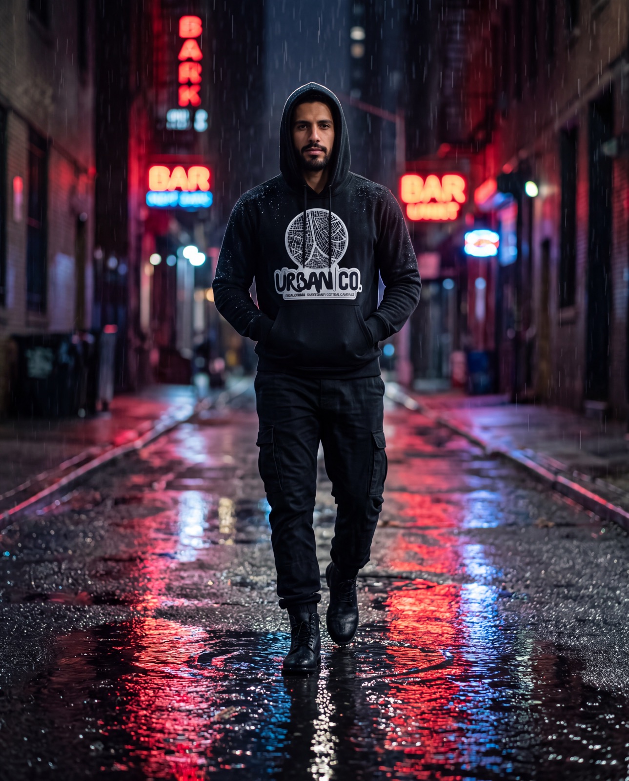 Man in an Urban Co. black hoodie walking through a rainy NYC alley at night