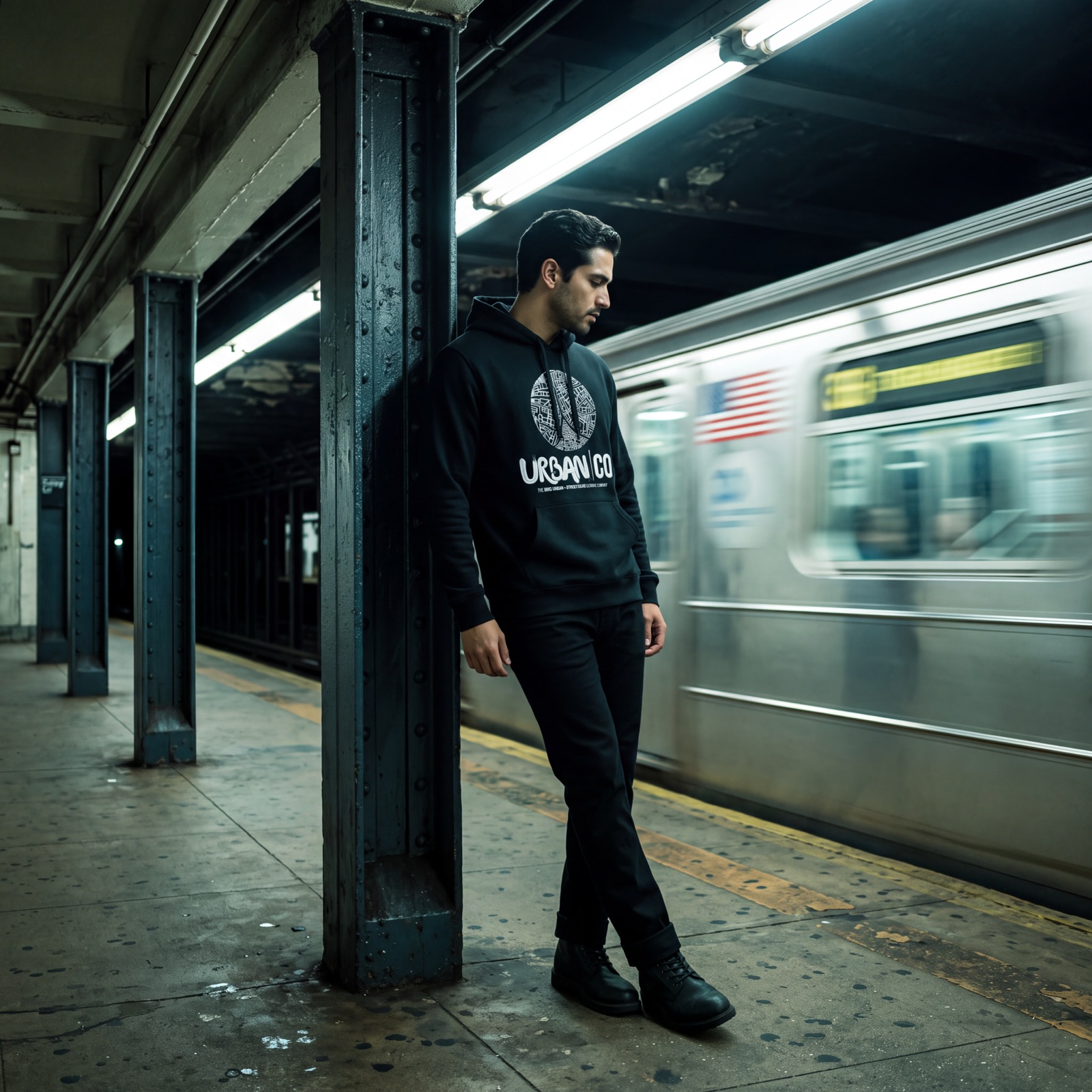 Man in an Urban Co. black hoodie leaning on a column on a NYC subway platform