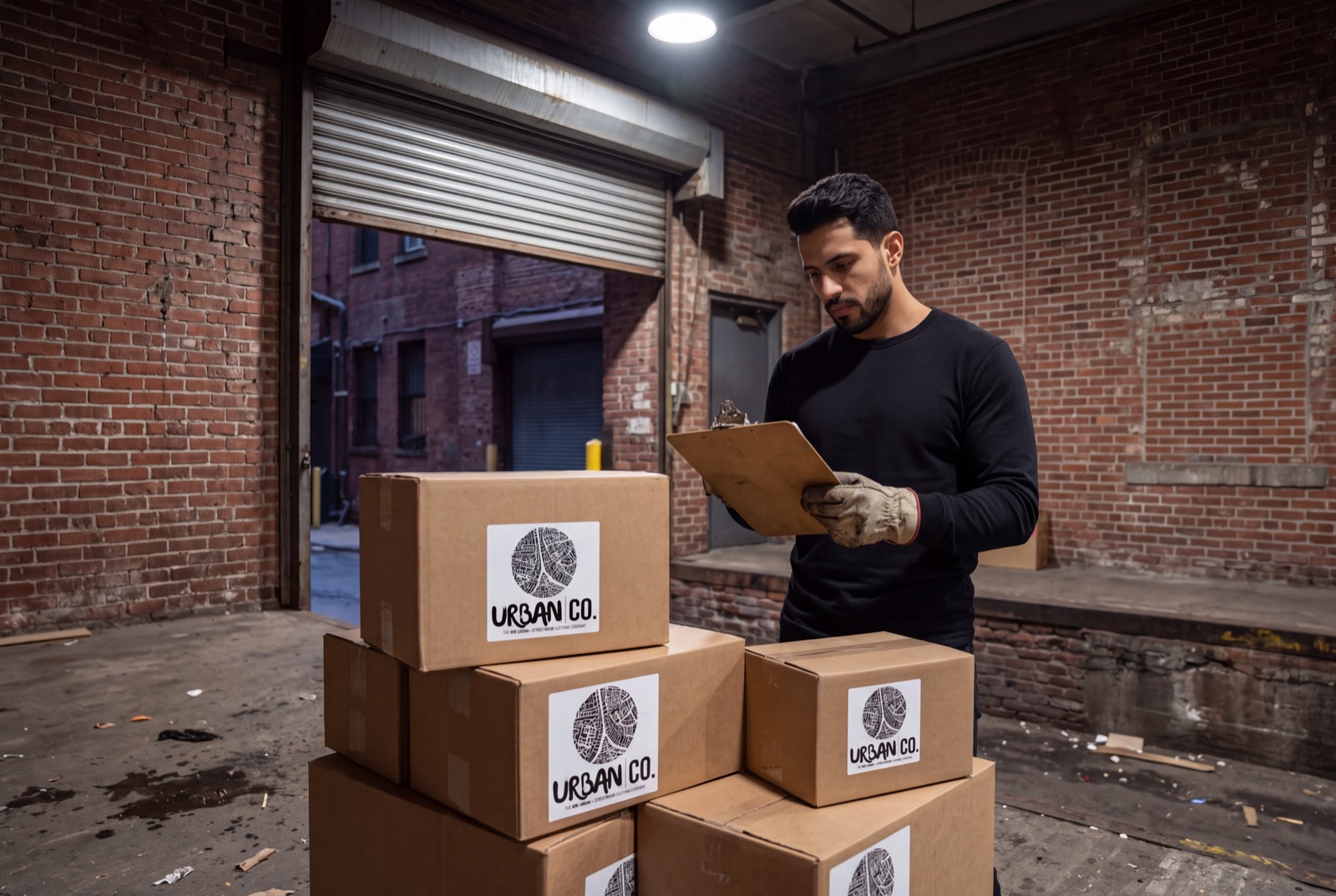 Worker checking a clipboard next to Urban Co. shipping boxes in a warehouse