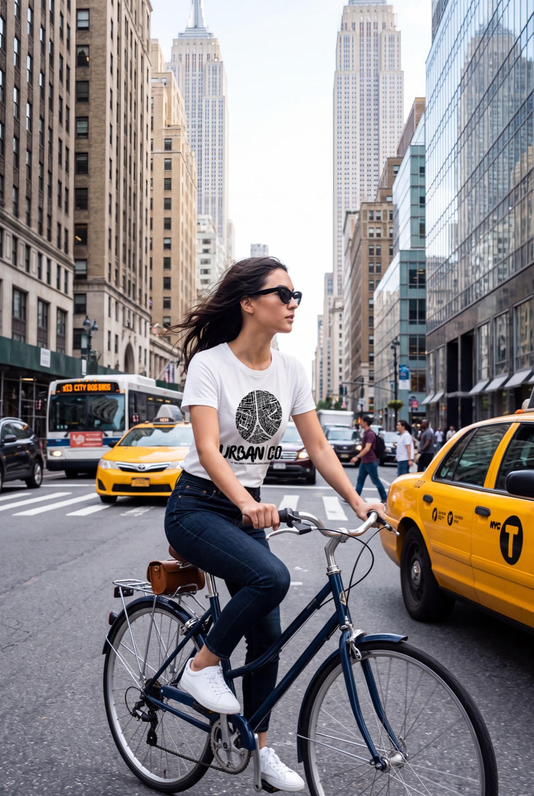 Woman wearing an Urban Co. white tee riding a bike through NYC traffic