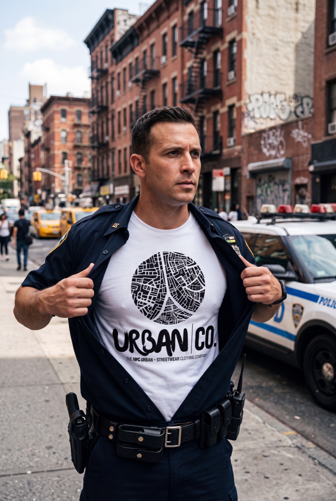 NYPD officer wearing an Urban Co. white tee under his uniform