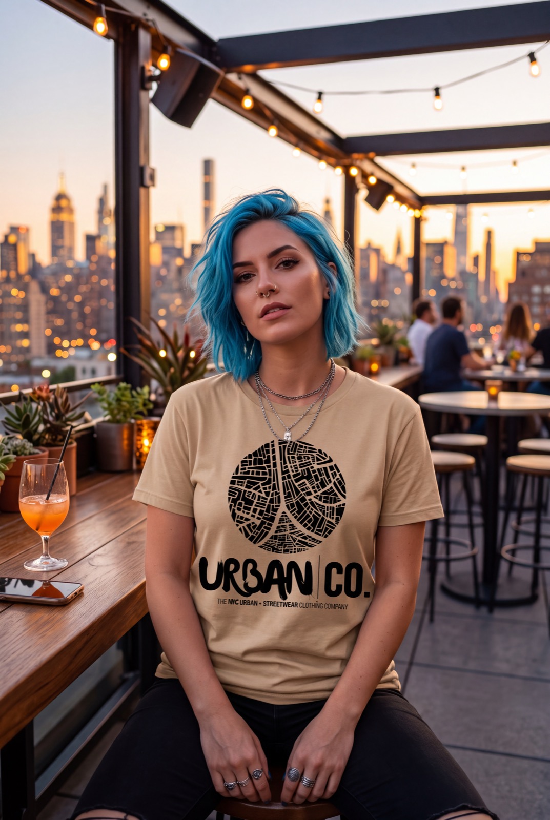 Woman wearing an Urban Co. beige tee at a NYC rooftop bar