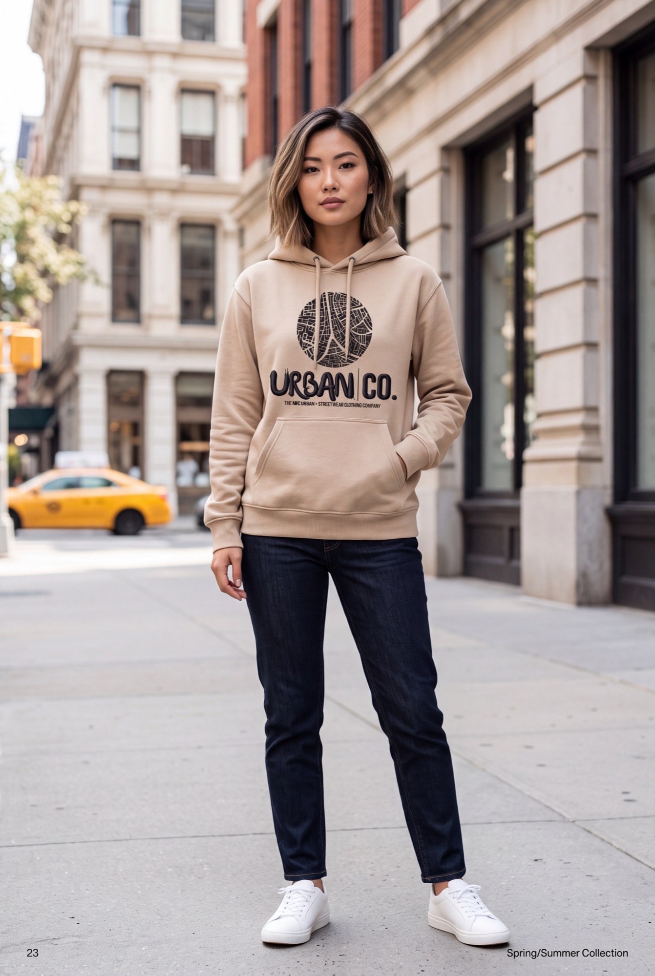 Woman wearing the Urban Co. beige 212H Pima cotton hoodie on a NYC street