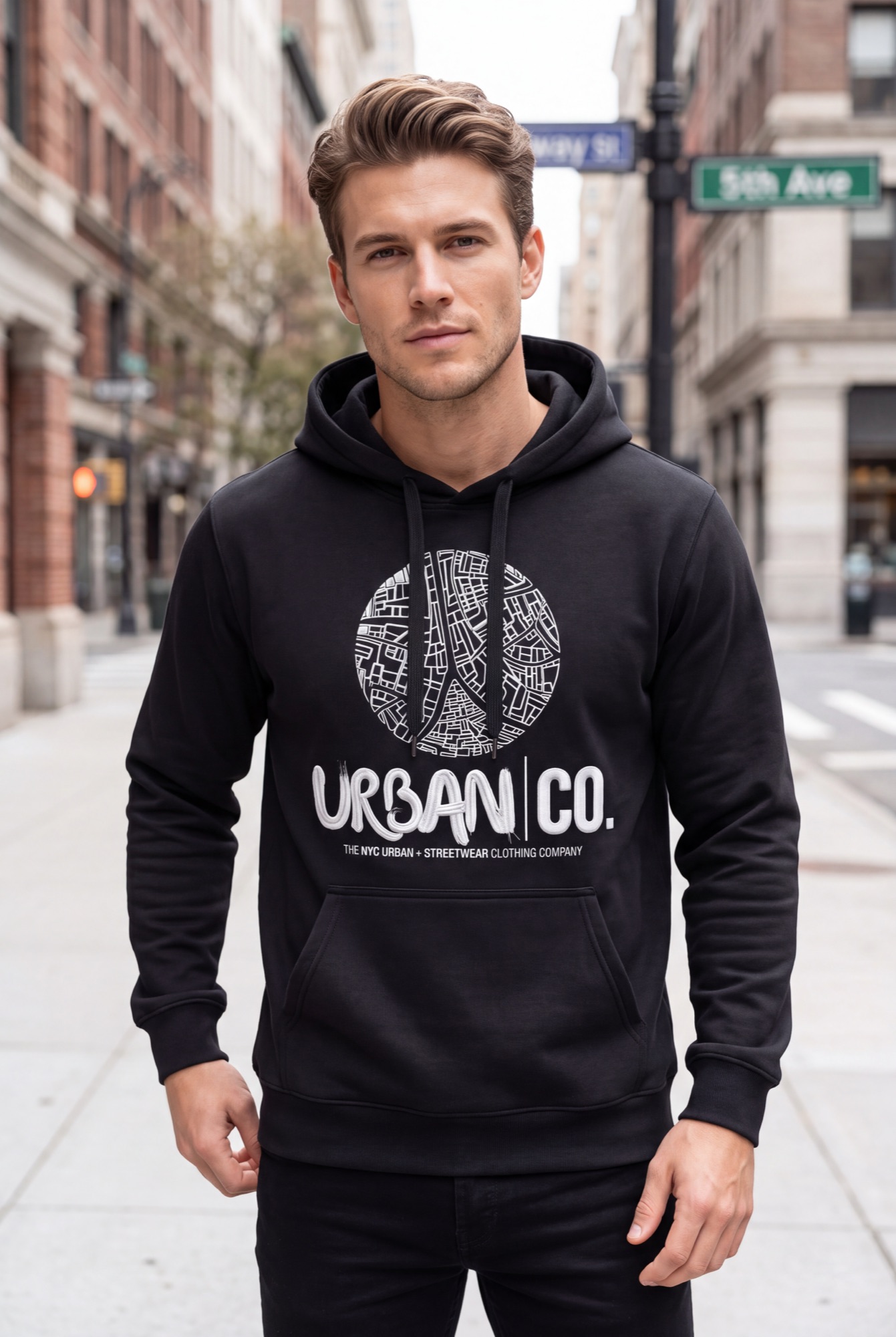 Man wearing the Urban Co. black 212H Pima cotton hoodie on a NYC street
