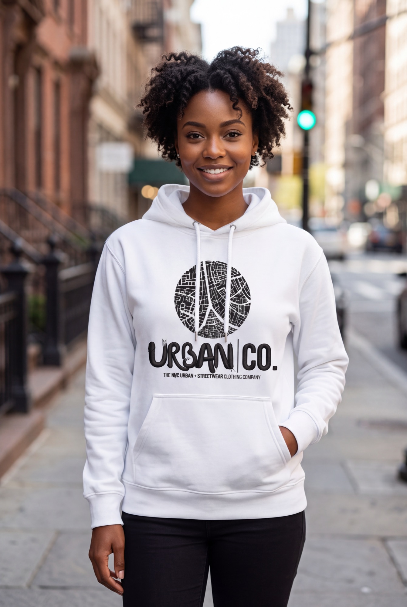 Woman wearing the Urban Co. white 212H Pima cotton hoodie on a NYC street