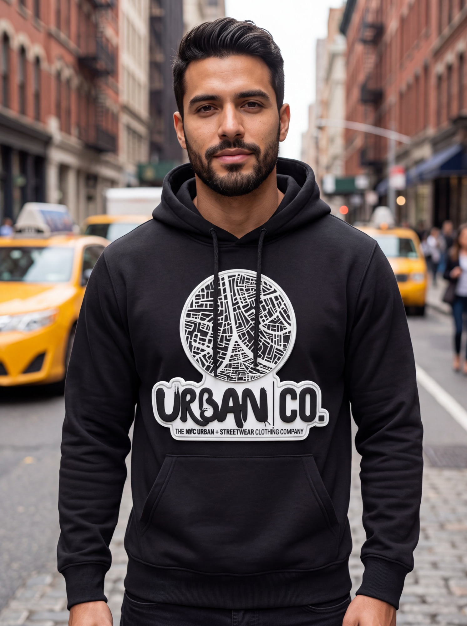 Man wearing the Urban Co. black 212HR rubber-print Pima cotton hoodie on a NYC street