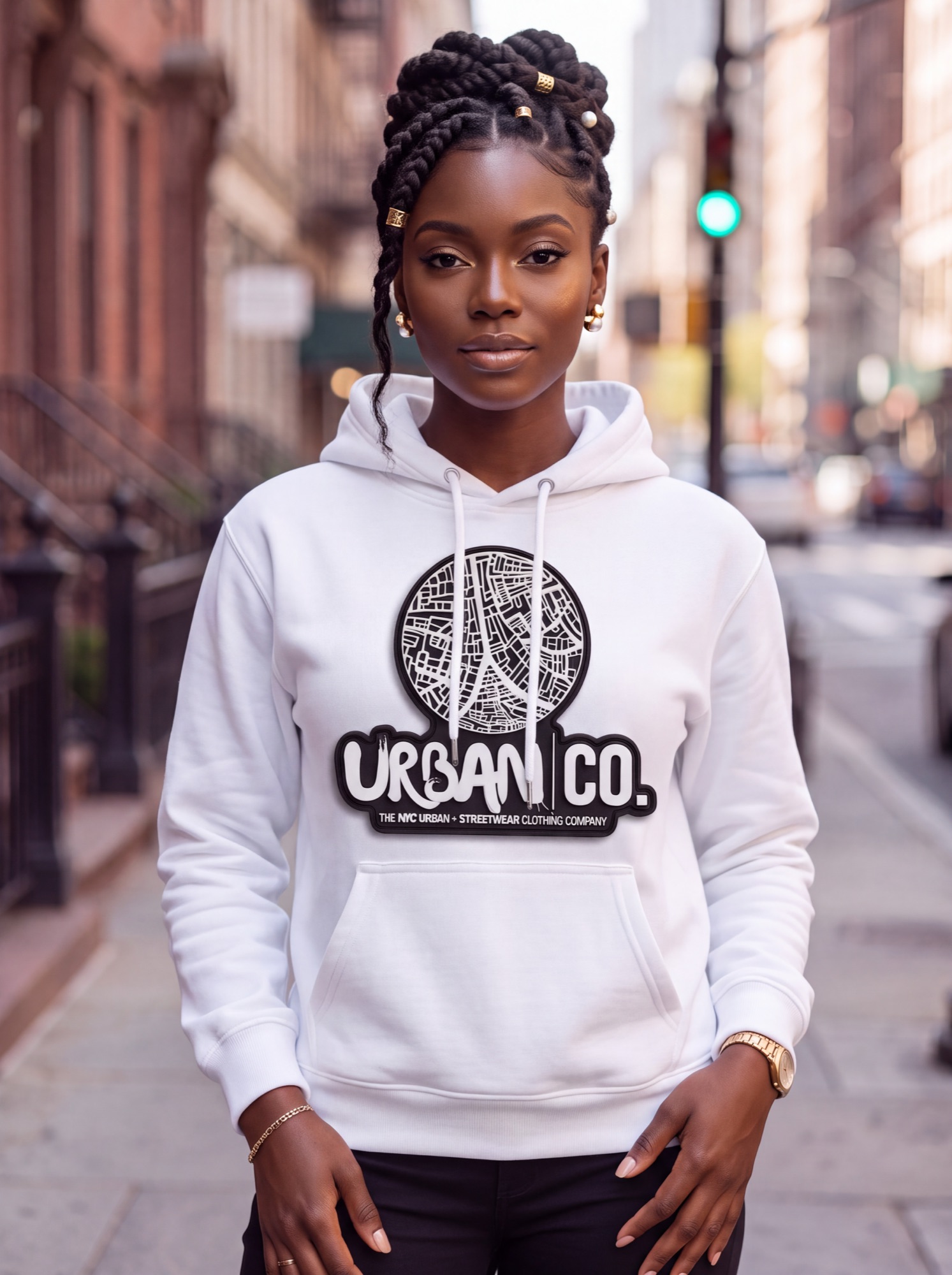 Woman wearing the Urban Co. white 212HR rubber-print Pima cotton hoodie on a Brooklyn street