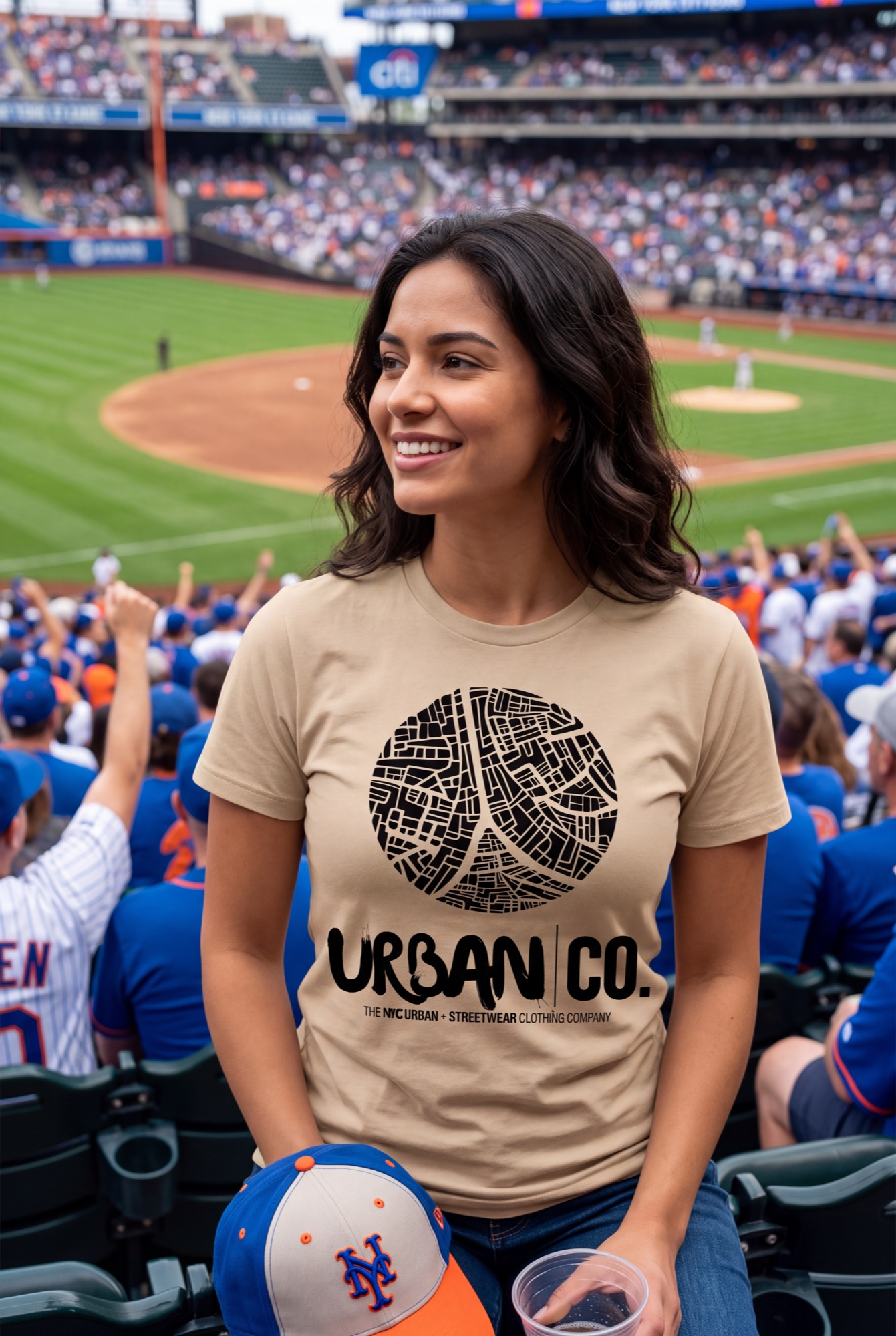 Woman wearing the Urban Co. beige 212T Pima cotton tee at a Mets game