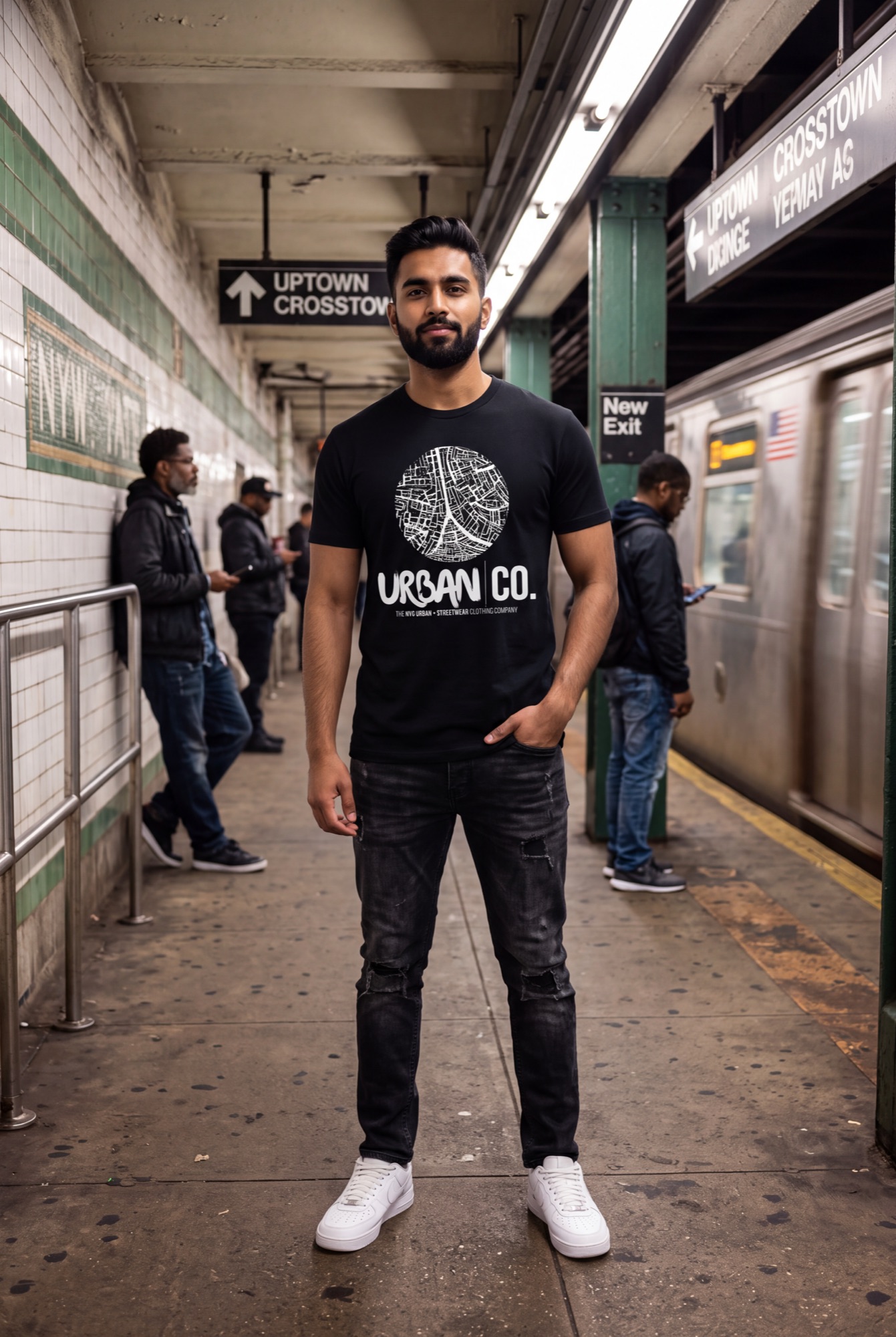 Man wearing the Urban Co. black 212T Pima cotton tee on a NYC subway platform
