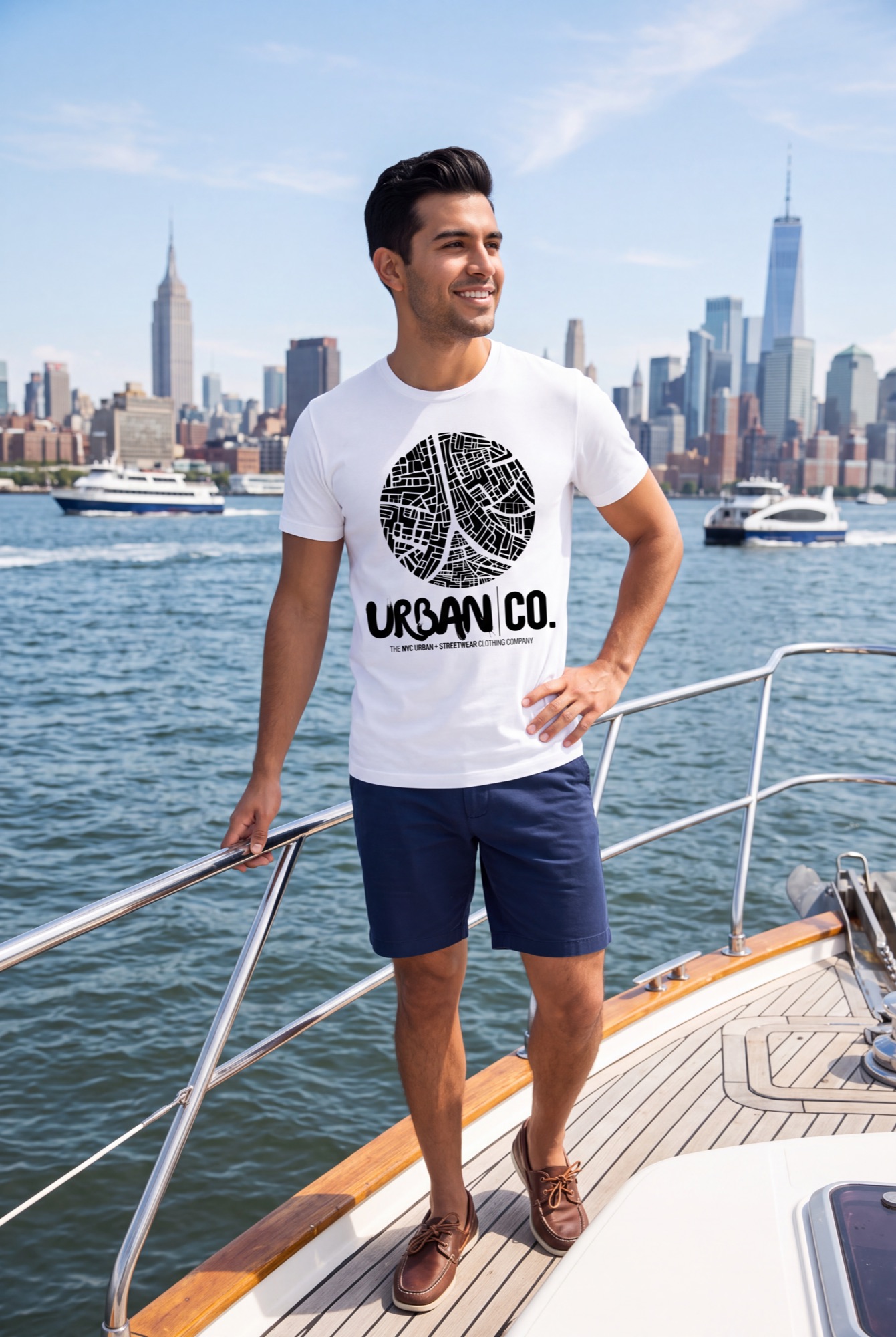 Man wearing the Urban Co. white 212T Pima cotton tee on a boat with the NYC skyline behind him